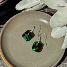 Warm Green and Purple Earrings Sterling Silver Fused Glass Earrings