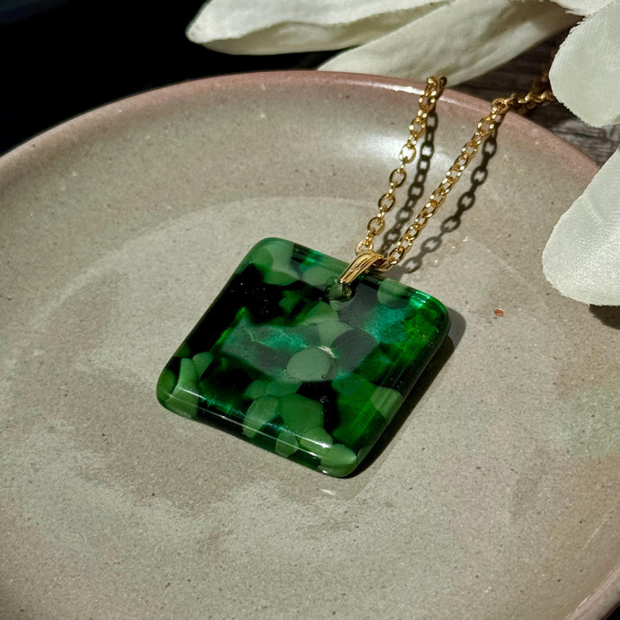 Green Square Necklace / Nature Fused Glass Jewellery