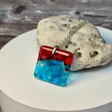 Red and Turquoise Square Necklace / Vibrant Fused Glass Jewellery