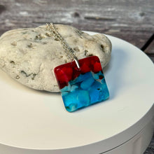 Red and Turquoise Square Necklace / Vibrant Fused Glass Jewellery