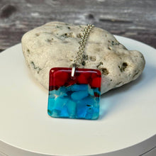 Red and Turquoise Square Necklace / Vibrant Fused Glass Jewellery