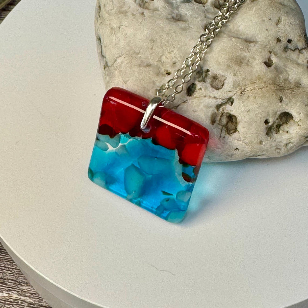 Red and Turquoise Square Necklace / Vibrant Fused Glass Jewellery