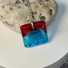 Red and Turquoise Square Necklace / Vibrant Fused Glass Jewellery