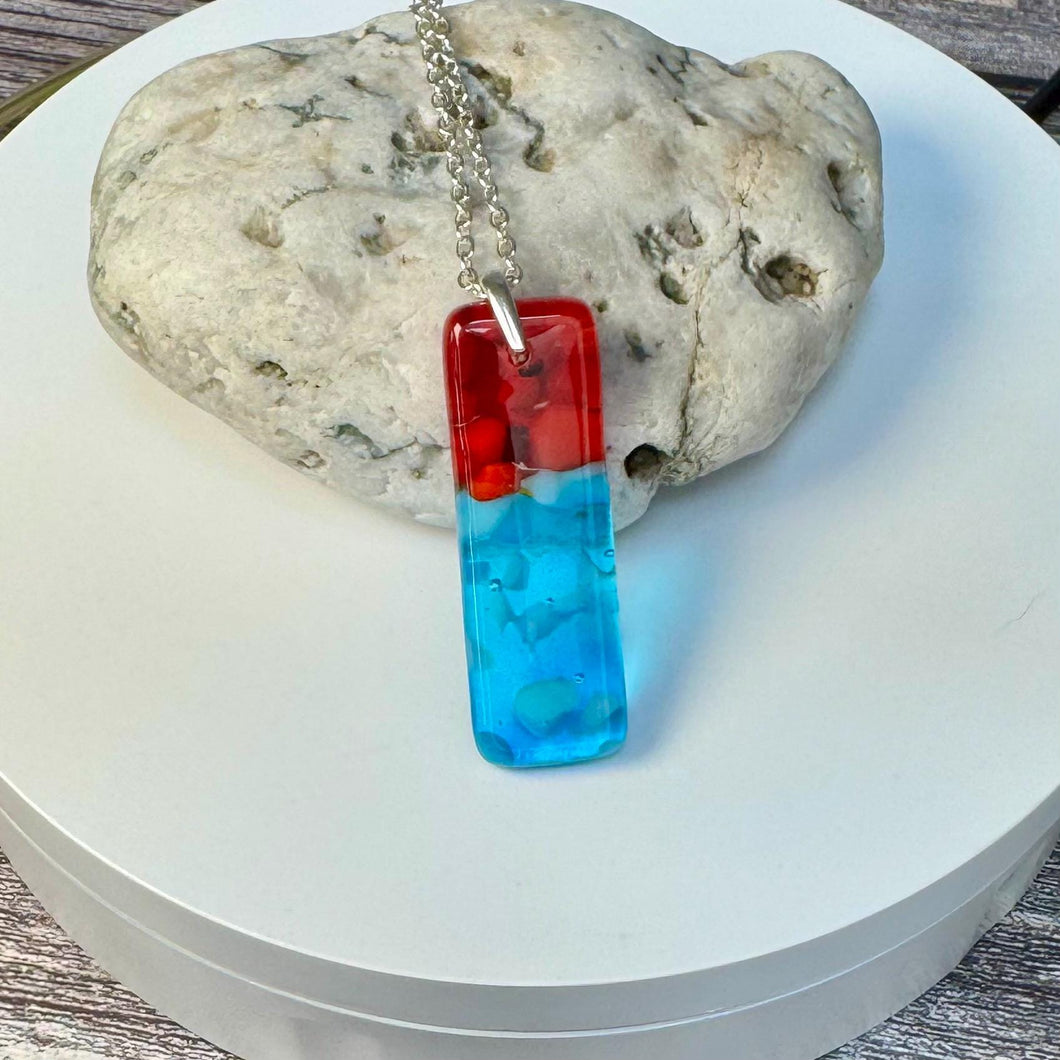 Red and Turquoise Long Pendant Necklace / Vibrant Fused Glass Jewellery