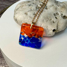 Orange and Blue Square Necklace / Vibrant Fused Glass Jewellery