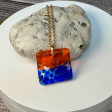 Orange and Blue Square Necklace / Vibrant Fused Glass Jewellery