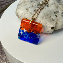 Orange and Blue Square Necklace / Vibrant Fused Glass Jewellery