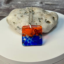 Orange and Blue Square Necklace / Vibrant Fused Glass Jewellery