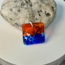 Orange and Blue Square Necklace / Vibrant Fused Glass Jewellery