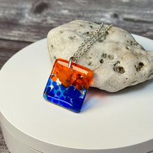 Orange and Blue Square Necklace / Vibrant Fused Glass Jewellery
