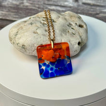 Orange and Blue Square Necklace / Vibrant Fused Glass Jewellery