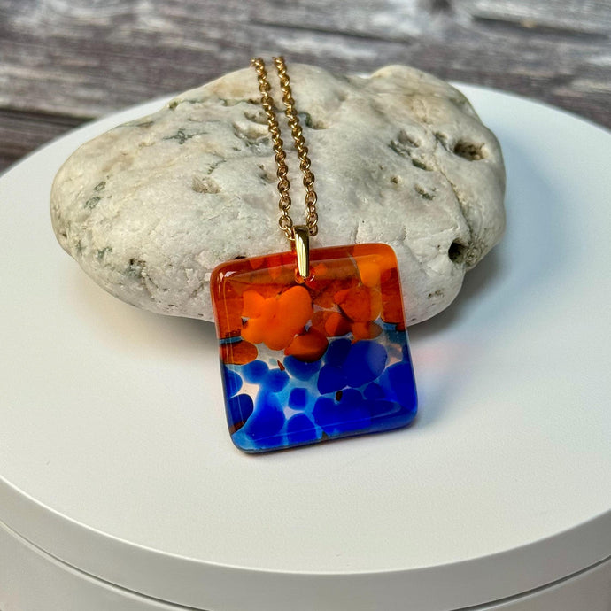 Orange and Blue Square Necklace / Vibrant Fused Glass Jewellery