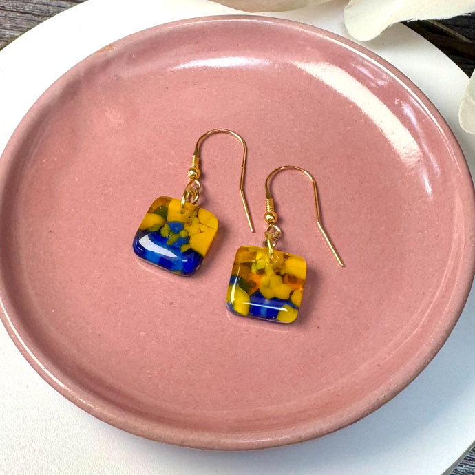 Vibrant Yellow and Blue Earrings Sterling Silver Fused Glass Earrings