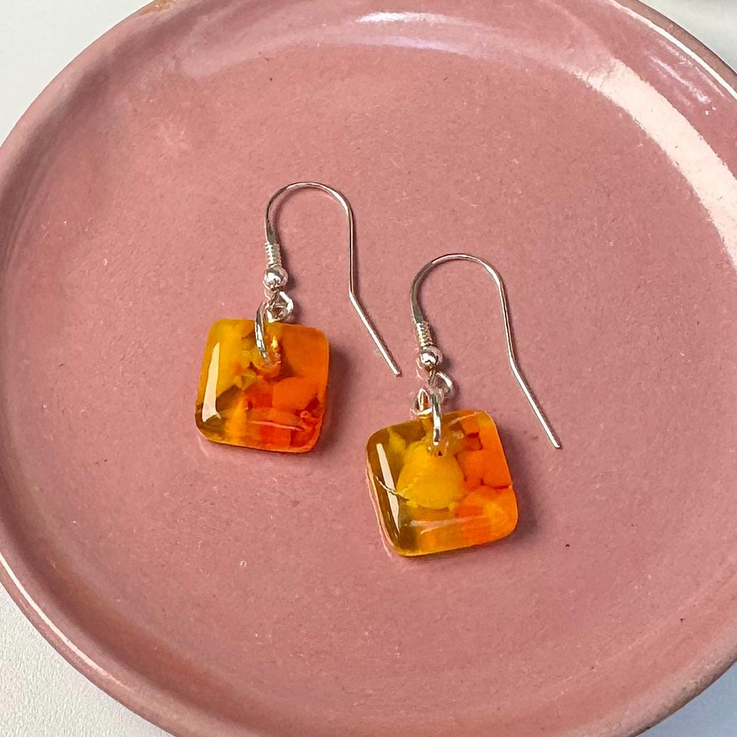 Bright and Warm Yellow and Orange Earrings: Sterling Silver Fused Glass Earrings