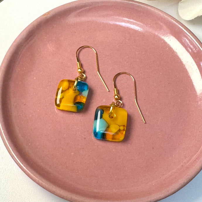 Fresh Yellow and Turquoise Earrings: Sterling Silver Fused Glass Earrings