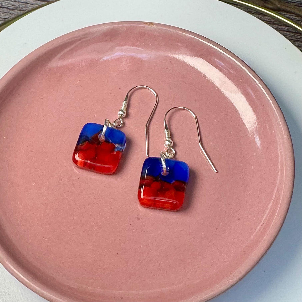 Red and Blue Earrings Sterling Silver Fused Glass Earrings