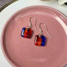 Vibrant Blue, Orange and Red Earrings: Sterling Silver Fused Glass Earrings