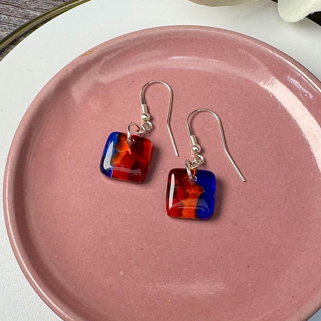 Vibrant Blue, Orange and Red Earrings: Sterling Silver Fused Glass Earrings