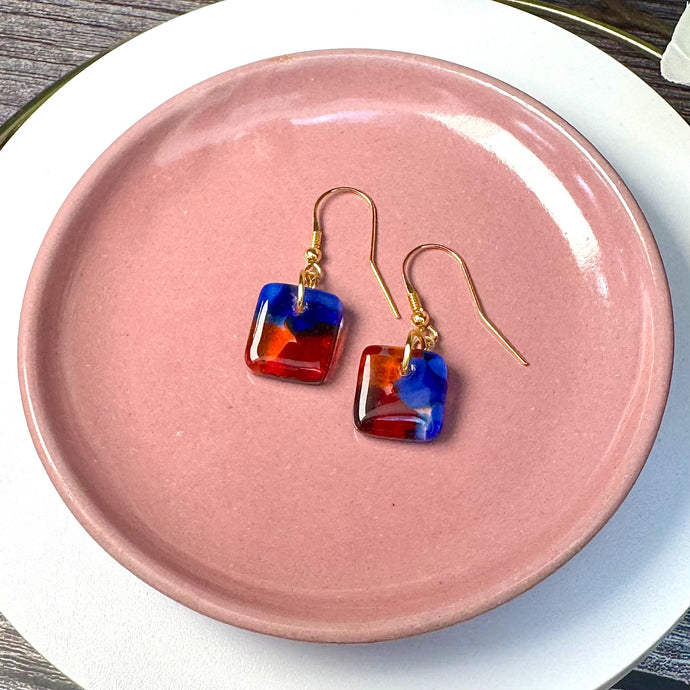 Vibrant Blue, Orange and Red Earrings: Sterling Silver Fused Glass Earrings
