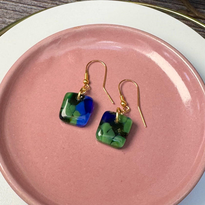 Blue and Green Earrings Sterling Silver Fused Glass Earrings
