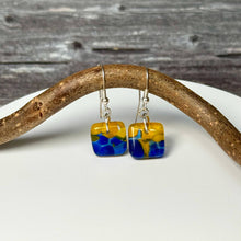 Vibrant Yellow and Blue Earrings Sterling Silver Fused Glass Earrings