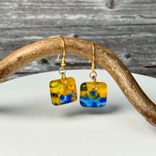 Vibrant Yellow and Blue Earrings Sterling Silver Fused Glass Earrings