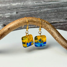 Vibrant Yellow and Blue Earrings Sterling Silver Fused Glass Earrings