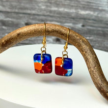 Vibrant Blue, Orange and Red Earrings: Sterling Silver Fused Glass Earrings