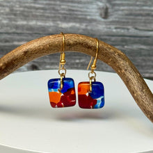 Vibrant Blue, Orange and Red Earrings: Sterling Silver Fused Glass Earrings