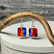 Vibrant Blue, Orange and Red Earrings: Sterling Silver Fused Glass Earrings