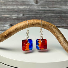 Vibrant Blue, Orange and Red Earrings: Sterling Silver Fused Glass Earrings