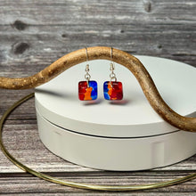 Vibrant Blue, Orange and Red Earrings: Sterling Silver Fused Glass Earrings