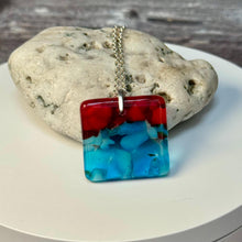 Red and Turquoise Square Necklace / Vibrant Fused Glass Jewellery