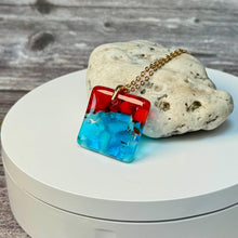Red and Turquoise Square Necklace / Vibrant Fused Glass Jewellery