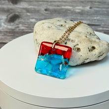 Red and Turquoise Square Necklace / Vibrant Fused Glass Jewellery