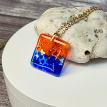 Orange and Blue Square Necklace / Vibrant Fused Glass Jewellery
