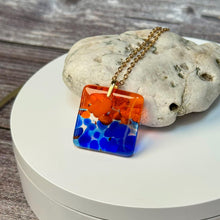 Orange and Blue Square Necklace / Vibrant Fused Glass Jewellery