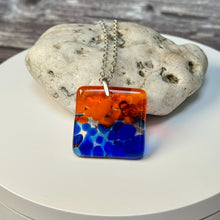 Orange and Blue Square Necklace / Vibrant Fused Glass Jewellery