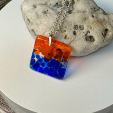 Orange and Blue Square Necklace / Vibrant Fused Glass Jewellery