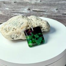 Green and Purple Square Necklace / Vibrant Fused Glass Jewellery