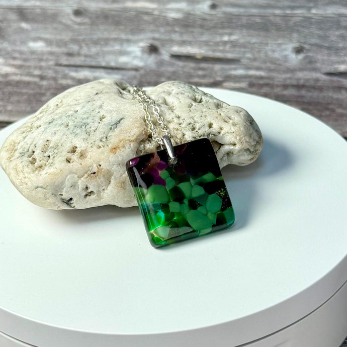Green and Purple Square Necklace / Vibrant Fused Glass Jewellery