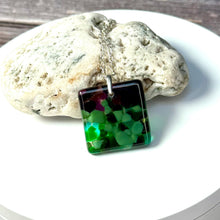 Green and Purple Square Necklace / Vibrant Fused Glass Jewellery