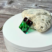 Green and Purple Square Necklace / Vibrant Fused Glass Jewellery