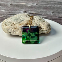 Green and Purple Square Necklace / Vibrant Fused Glass Jewellery