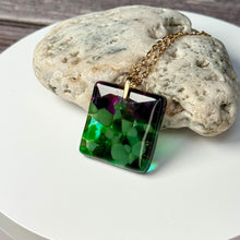 Green and Purple Square Necklace / Vibrant Fused Glass Jewellery