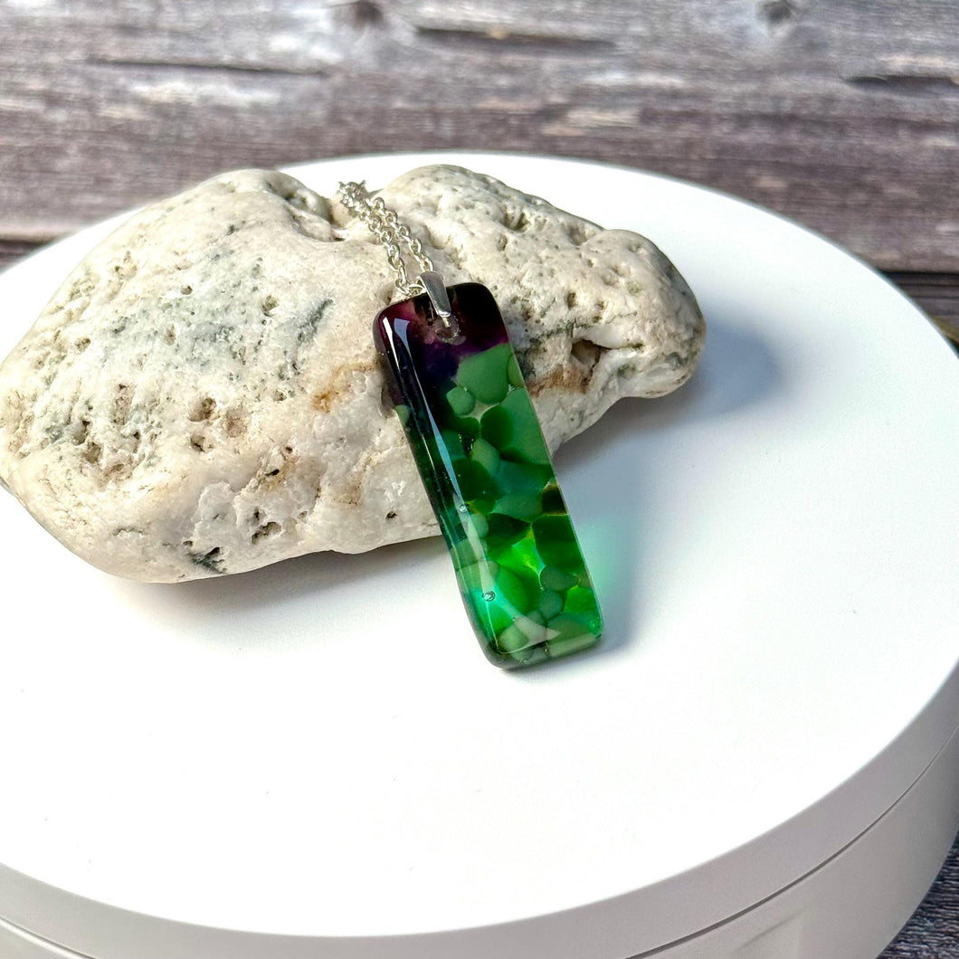 Green and Purple Long Pendant Necklace / Vibrant Fused Glass Jewellery
