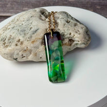 Green and Purple Long Pendant Necklace / Vibrant Fused Glass Jewellery