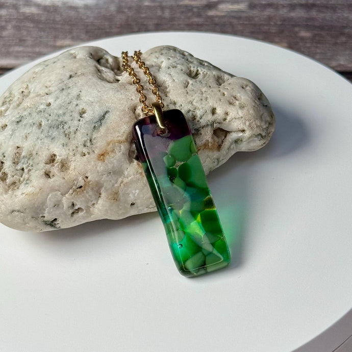 Green and Purple Long Pendant Necklace / Vibrant Fused Glass Jewellery