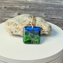Blue and Green Square Necklace / Vibrant Fused Glass Jewellery