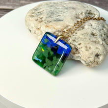 Blue and Green Square Necklace / Vibrant Fused Glass Jewellery